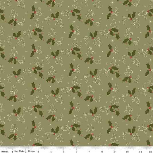 Image of Christmas Greetings Holly Spruce quilting cotton fabric by Sandy Gervais for Riley Blake Designs. Features holly on a green background. Cute Little Fabric Shop.