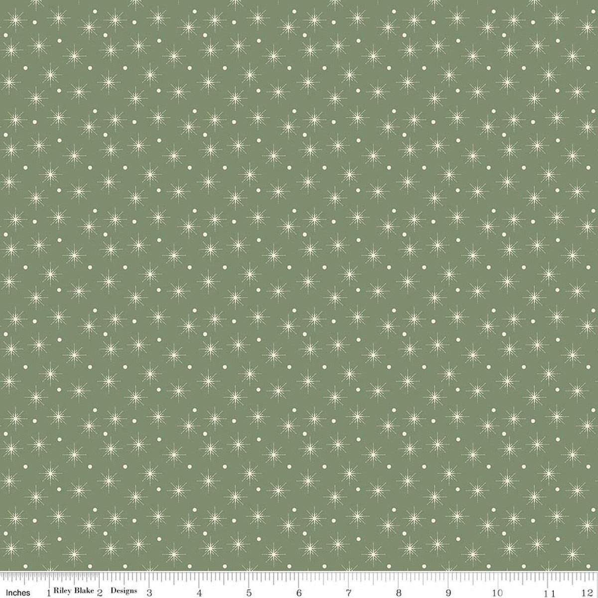 Image of Christmas Greetings Christmas Lights Spruce quilting cotton fabric by Sandy Gervais for Riley Blake Designs. Features polka dots on a green background. Cute Little Fabric Shop.