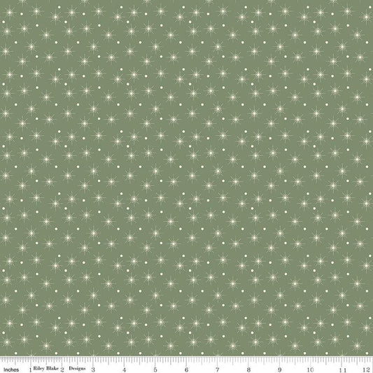 Image of Christmas Greetings Christmas Lights Spruce quilting cotton fabric by Sandy Gervais for Riley Blake Designs. Features polka dots on a green background. Cute Little Fabric Shop.