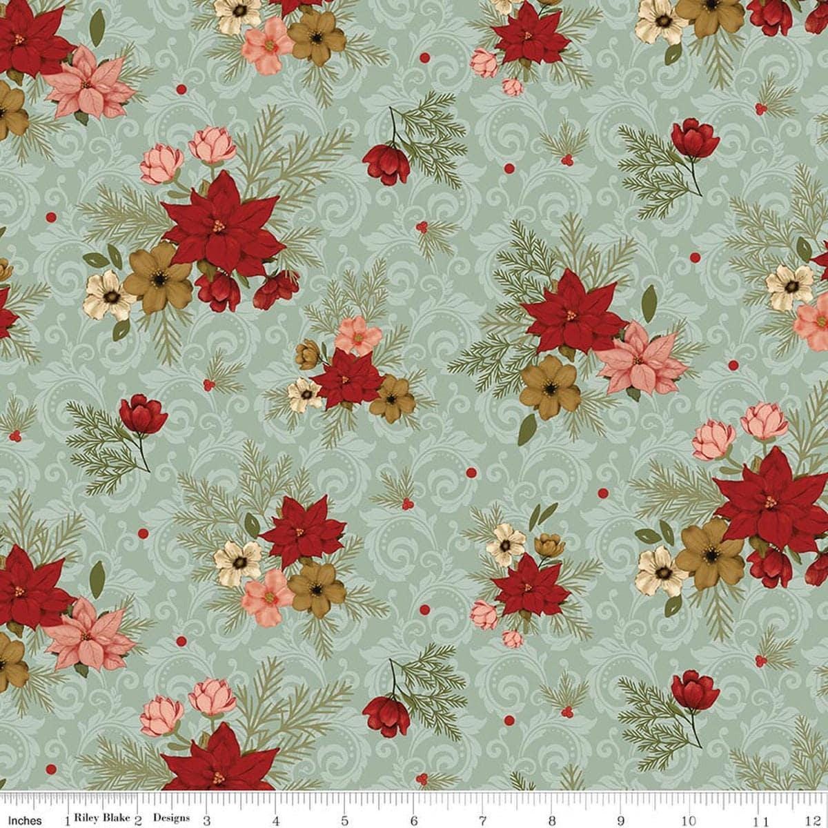 Image of Christmas Greetings Floral Sage quilting cotton fabric by Sandy Gervais for Riley Blake Designs. Features flowers on a green background. Cute Little Fabric Shop.