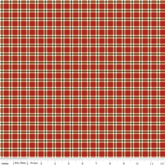 Image of Christmas Greetings Plaid Red quilting cotton fabric by Sandy Gervais for Riley Blake Designs. Features plaid on a red background. Cute Little Fabric Shop.