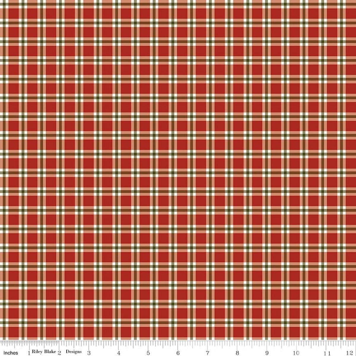 Image of Christmas Greetings Plaid Red quilting cotton fabric by Sandy Gervais for Riley Blake Designs. Features plaid on a red background. Cute Little Fabric Shop.