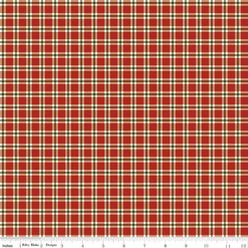 Image of Christmas Greetings Plaid Red quilting cotton fabric by Sandy Gervais for Riley Blake Designs. Features plaid on a red background. Cute Little Fabric Shop.