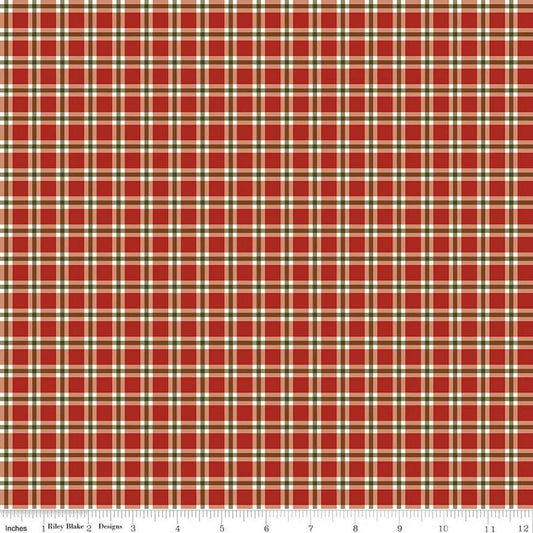 Image of Christmas Greetings Plaid Red quilting cotton fabric by Sandy Gervais for Riley Blake Designs. Features plaid on a red background. Cute Little Fabric Shop.