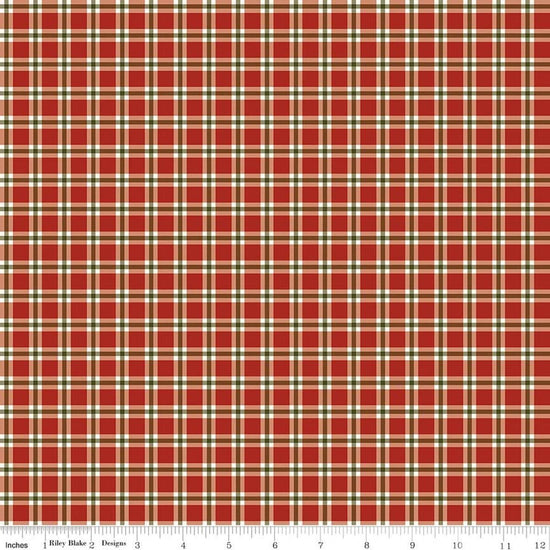 Image of Christmas Greetings Plaid Red quilting cotton fabric by Sandy Gervais for Riley Blake Designs. Features plaid on a red background. Cute Little Fabric Shop.