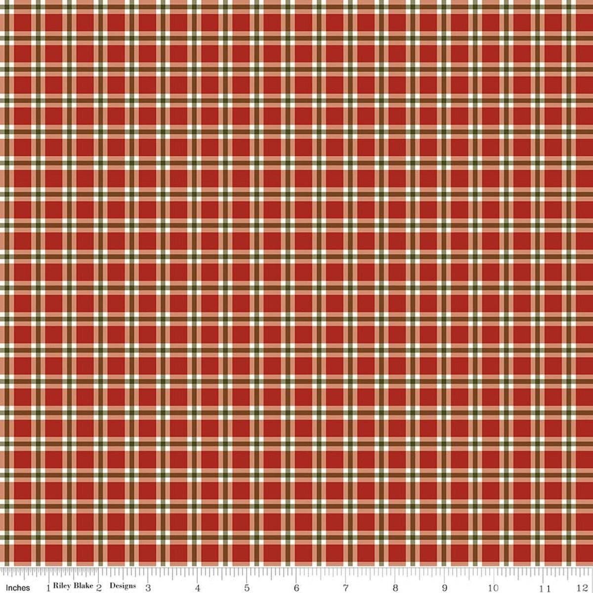 Image of Christmas Greetings Plaid Red quilting cotton fabric by Sandy Gervais for Riley Blake Designs. Features plaid on a red background. Cute Little Fabric Shop.