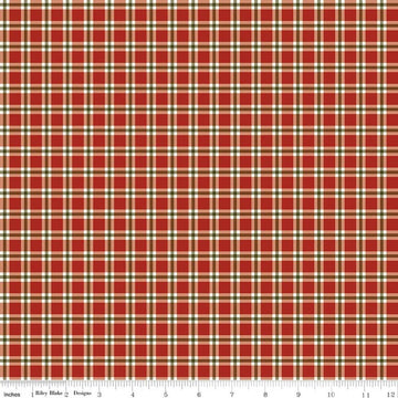 Image of Christmas Greetings Plaid Red quilting cotton fabric by Sandy Gervais for Riley Blake Designs. Features plaid on a red background. Cute Little Fabric Shop.