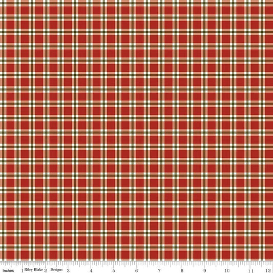Image of Christmas Greetings Plaid Red quilting cotton fabric by Sandy Gervais for Riley Blake Designs. Features plaid on a red background. Cute Little Fabric Shop.