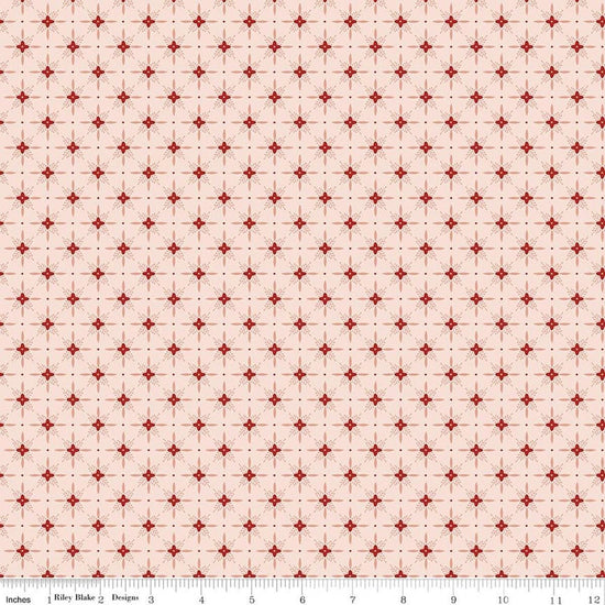 Image of Christmas Greetings Twinkle Pink quilting cotton fabric by Sandy Gervais for Riley Blake Designs. Features a geometric pattern on a pink background. Cute Little Fabric Shop.