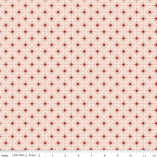 Image of Christmas Greetings Twinkle Pink quilting cotton fabric by Sandy Gervais for Riley Blake Designs. Features a geometric pattern on a pink background. Cute Little Fabric Shop.
