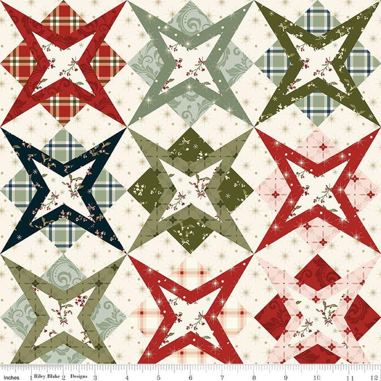 Image of Christmas Greetings Cheater Print Multi quilting cotton fabric by Sandy Gervais for Riley Blake Designs. Features printed star fabric on a cream background. Cute Little Fabric Shop.