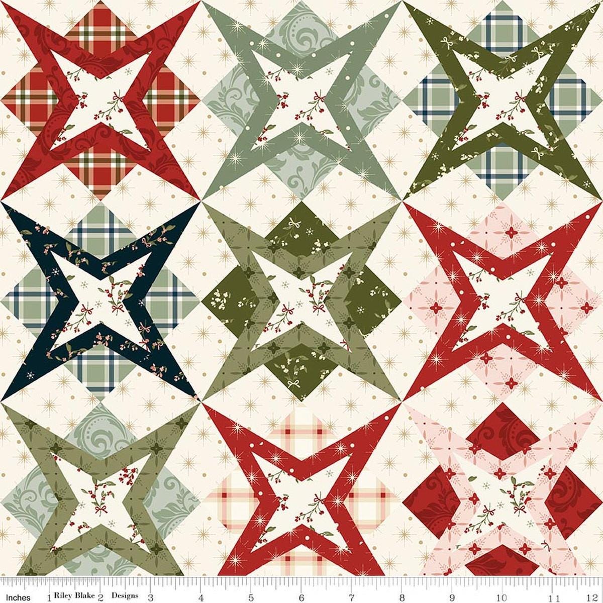Image of Christmas Greetings Cheater Print Multi quilting cotton fabric by Sandy Gervais for Riley Blake Designs. Features printed star fabric on a cream background. Cute Little Fabric Shop.