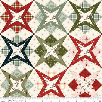Image of Christmas Greetings Cheater Print Multi quilting cotton fabric by Sandy Gervais for Riley Blake Designs. Features printed star fabric on a cream background. Cute Little Fabric Shop.