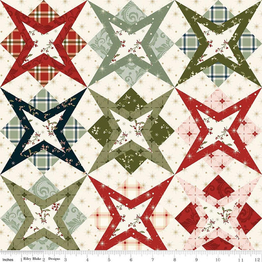 Image of Christmas Greetings Cheater Print Multi quilting cotton fabric by Sandy Gervais for Riley Blake Designs. Features printed star fabric on a cream background. Cute Little Fabric Shop.