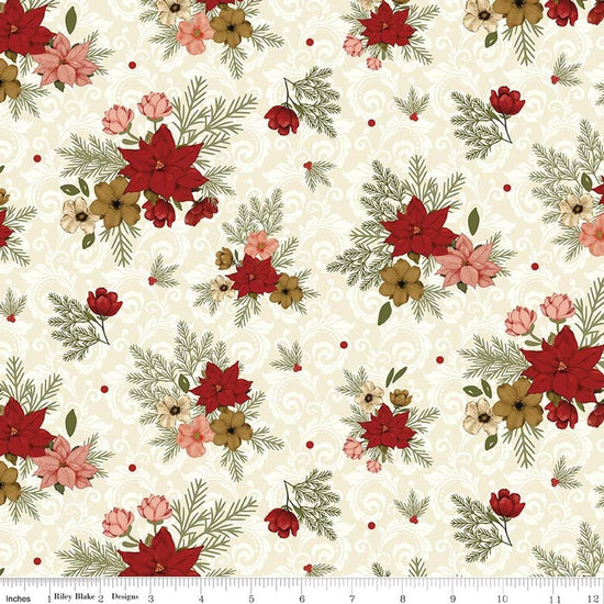 Image of Christmas Greetings Floral Cream quilting cotton fabric by Sandy Gervais for Riley Blake Designs. Features flowers on a cream background. Cute Little Fabric Shop.