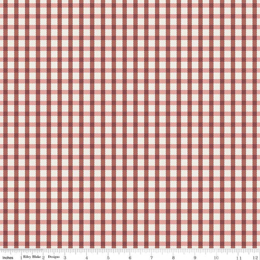Image of Rosewood Hearth Dusty Rose quilting cotton fabric by Jessica Chertkow for Riley Blake Designs. Features checks on a pink background. Cute Little Fabric Shop.