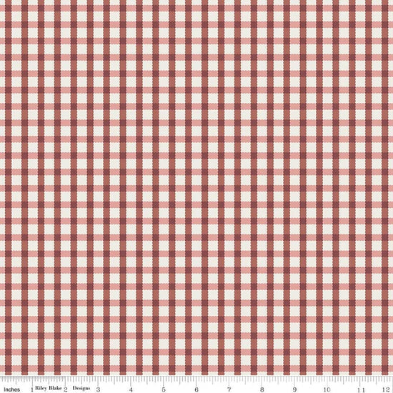 Image of Rosewood Hearth Dusty Rose quilting cotton fabric by Jessica Chertkow for Riley Blake Designs. Features checks on a pink background. Cute Little Fabric Shop.