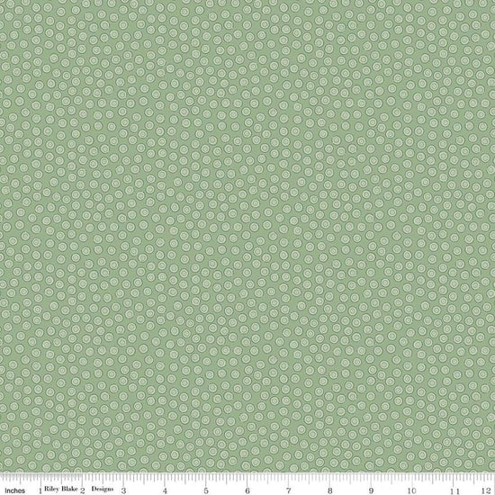 Image of Rosewood Cameo Sage quilting cotton fabric by Jessica Chertkow for Riley Blake Designs. Features dots on a green background. Cute Little Fabric Shop.