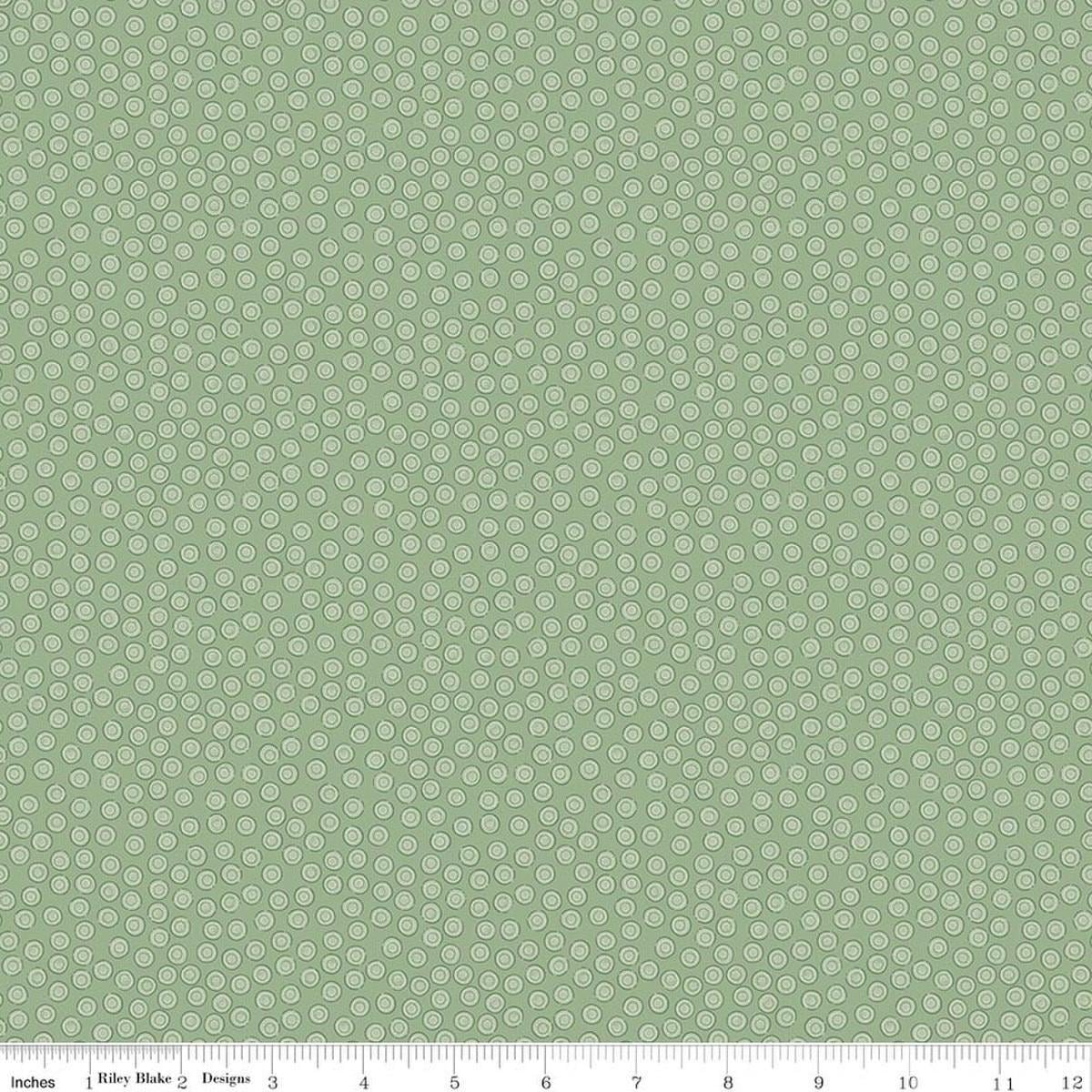 Image of Rosewood Cameo Sage quilting cotton fabric by Jessica Chertkow for Riley Blake Designs. Features dots on a green background. Cute Little Fabric Shop.