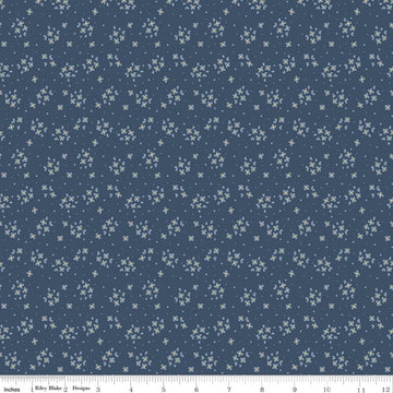 Image of Rosewood Posy Oxford quilting cotton fabric by Jessica Chertkow for Riley Blake Designs. Features flowers on a blue background. Cute Little Fabric Shop.