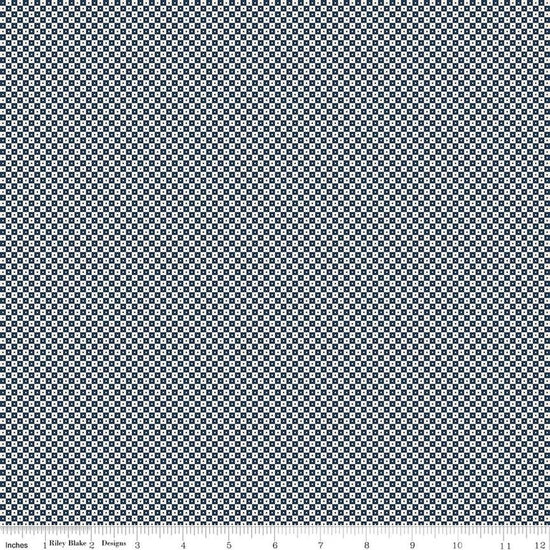 Image of Rosewood Brindle Oxford quilting cotton fabric by Jessica Chertkow for Riley Blake Designs. Features checks on a blue background. Cute Little Fabric Shop.