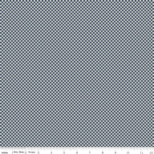 Image of Rosewood Brindle Oxford quilting cotton fabric by Jessica Chertkow for Riley Blake Designs. Features checks on a blue background. Cute Little Fabric Shop.