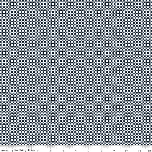 Image of Rosewood Brindle Oxford quilting cotton fabric by Jessica Chertkow for Riley Blake Designs. Features checks on a blue background. Cute Little Fabric Shop.