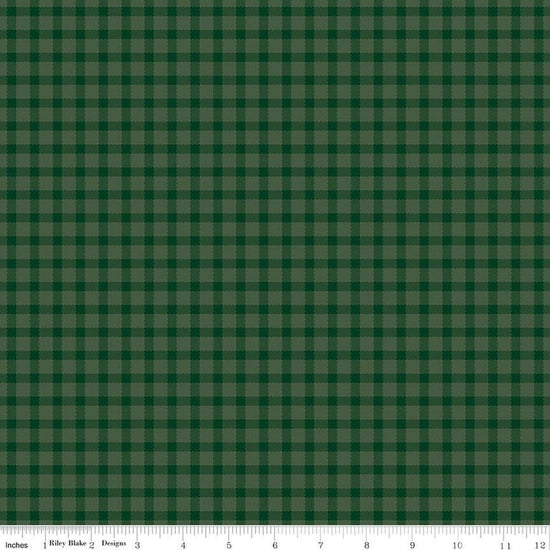 Image of Rosewood Hearth Forest quilting cotton fabric by Jessica Chertkow for Riley Blake Designs. Features checks on a green background. Cute Little Fabric Shop.