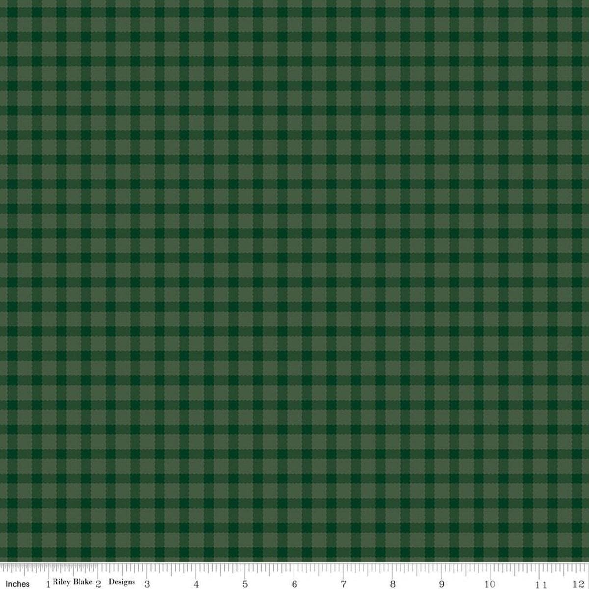Image of Rosewood Hearth Forest quilting cotton fabric by Jessica Chertkow for Riley Blake Designs. Features checks on a green background. Cute Little Fabric Shop.