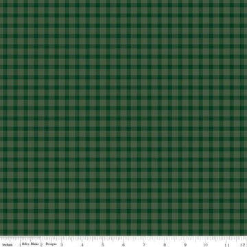 Image of Rosewood Hearth Forest quilting cotton fabric by Jessica Chertkow for Riley Blake Designs. Features checks on a green background. Cute Little Fabric Shop.