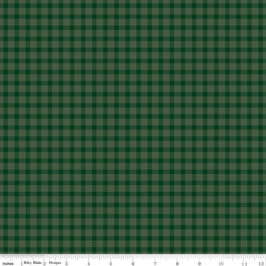 Image of Rosewood Hearth Forest quilting cotton fabric by Jessica Chertkow for Riley Blake Designs. Features checks on a green background. Cute Little Fabric Shop.