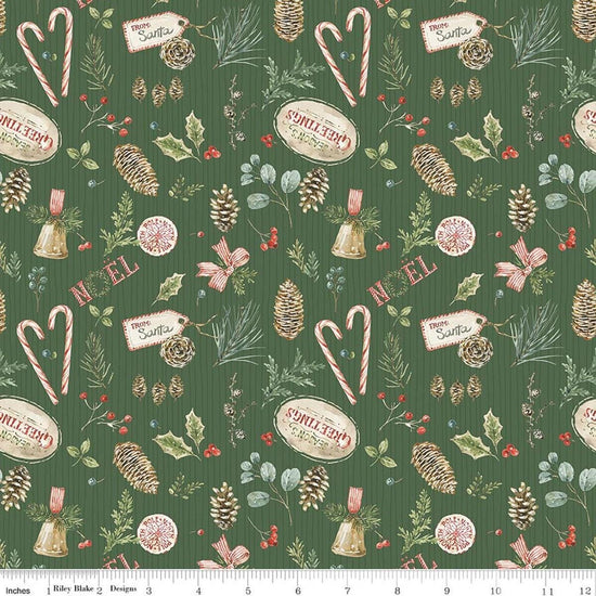 Image of Holiday Spirit Christmas Toss Green quilting cotton fabric by Lisa Audit for Riley Blake Designs. Features christmas items on a green background. Cute Little Fabric Shop.