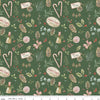 Image of Holiday Spirit Christmas Toss Green quilting cotton fabric by Lisa Audit for Riley Blake Designs. Features christmas items on a green background. Cute Little Fabric Shop.