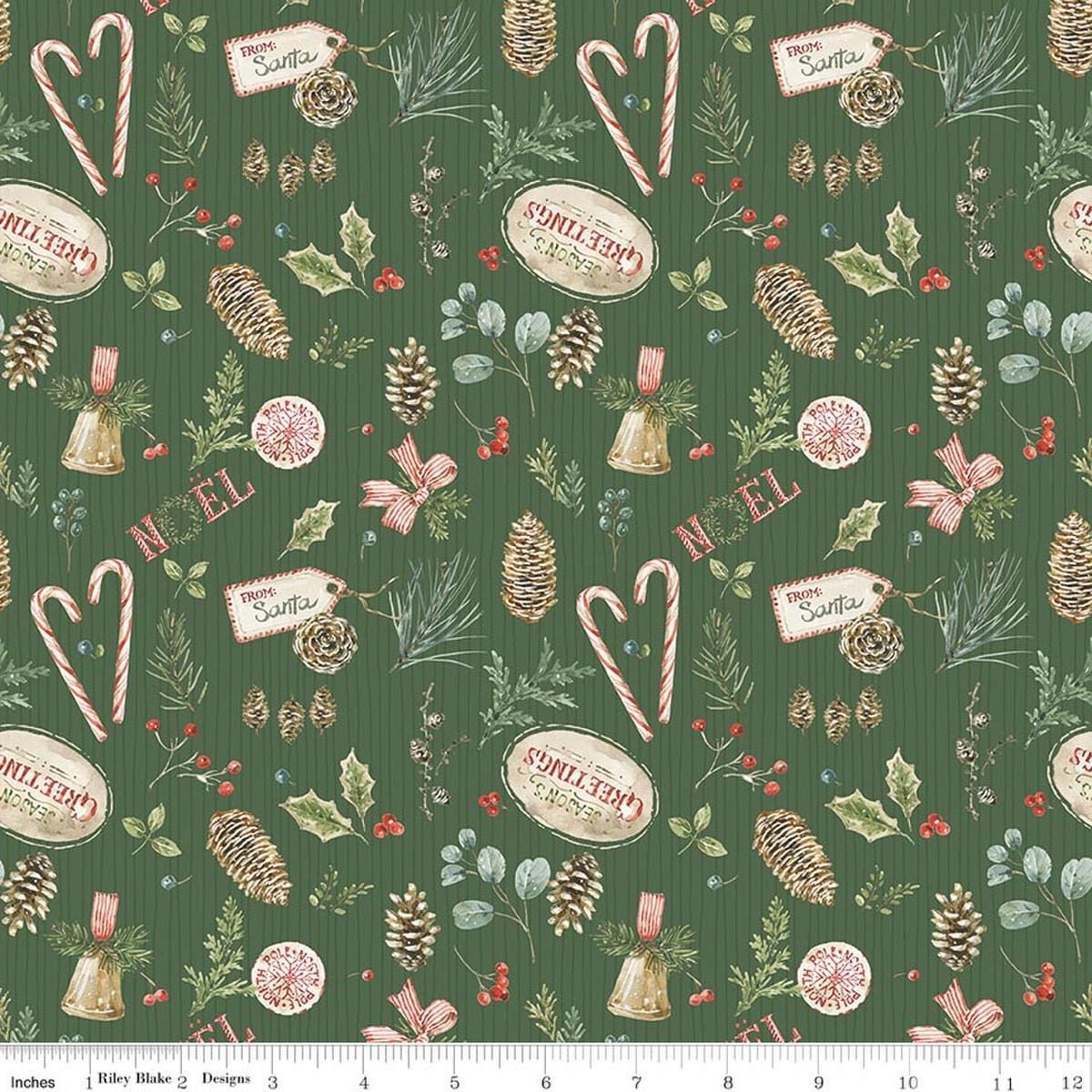 Image of Holiday Spirit Christmas Toss Green quilting cotton fabric by Lisa Audit for Riley Blake Designs. Features christmas items on a green background. Cute Little Fabric Shop.