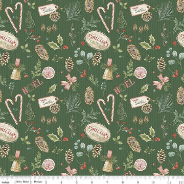 Image of Holiday Spirit Christmas Toss Green quilting cotton fabric by Lisa Audit for Riley Blake Designs. Features christmas items on a green background. Cute Little Fabric Shop.