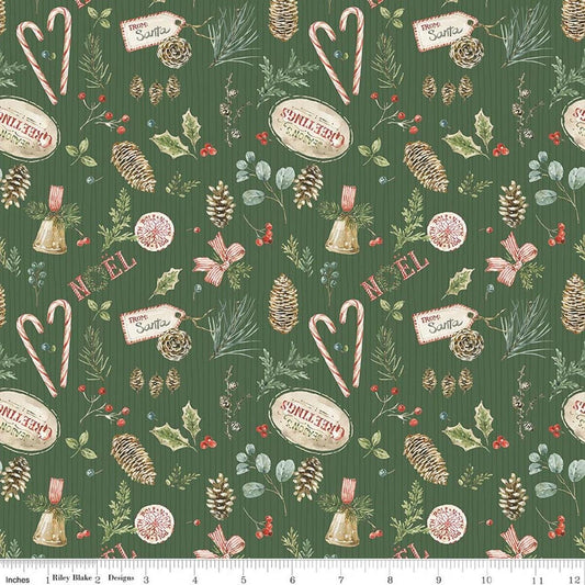Image of Holiday Spirit Christmas Toss Green quilting cotton fabric by Lisa Audit for Riley Blake Designs. Features christmas items on a green background. Cute Little Fabric Shop.