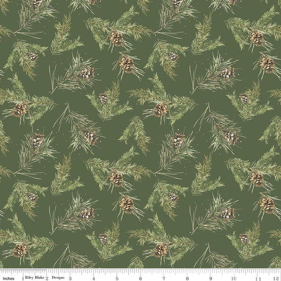 Image of Holiday Spirit Pinecones Green quilting cotton fabric by Lisa Audit for Riley Blake Designs. Features leaves on a green background. Cute Little Fabric Shop.