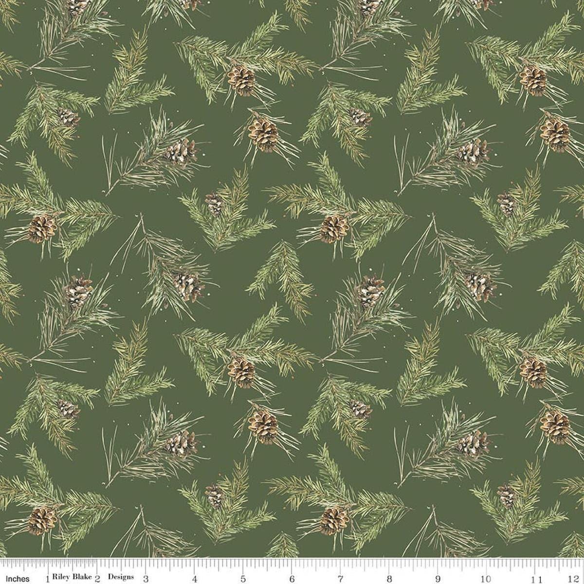 Image of Holiday Spirit Pinecones Green quilting cotton fabric by Lisa Audit for Riley Blake Designs. Features leaves on a green background. Cute Little Fabric Shop.