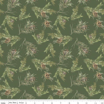 Image of Holiday Spirit Pinecones Green quilting cotton fabric by Lisa Audit for Riley Blake Designs. Features leaves on a green background. Cute Little Fabric Shop.