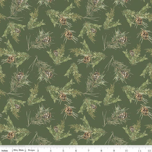 Image of Holiday Spirit Pinecones Green quilting cotton fabric by Lisa Audit for Riley Blake Designs. Features leaves on a green background. Cute Little Fabric Shop.