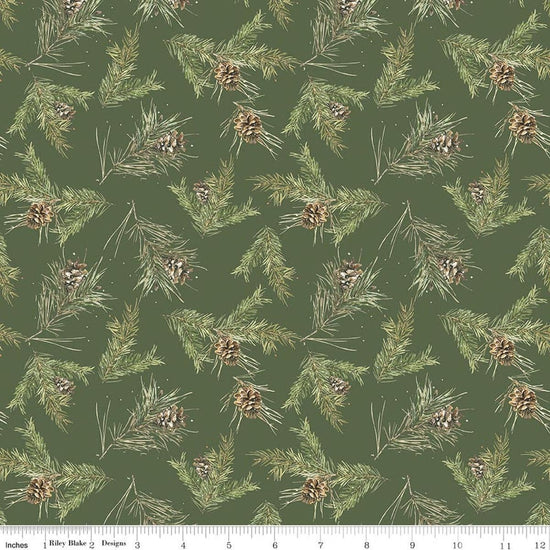 Image of Holiday Spirit Pinecones Green quilting cotton fabric by Lisa Audit for Riley Blake Designs. Features leaves on a green background. Cute Little Fabric Shop.