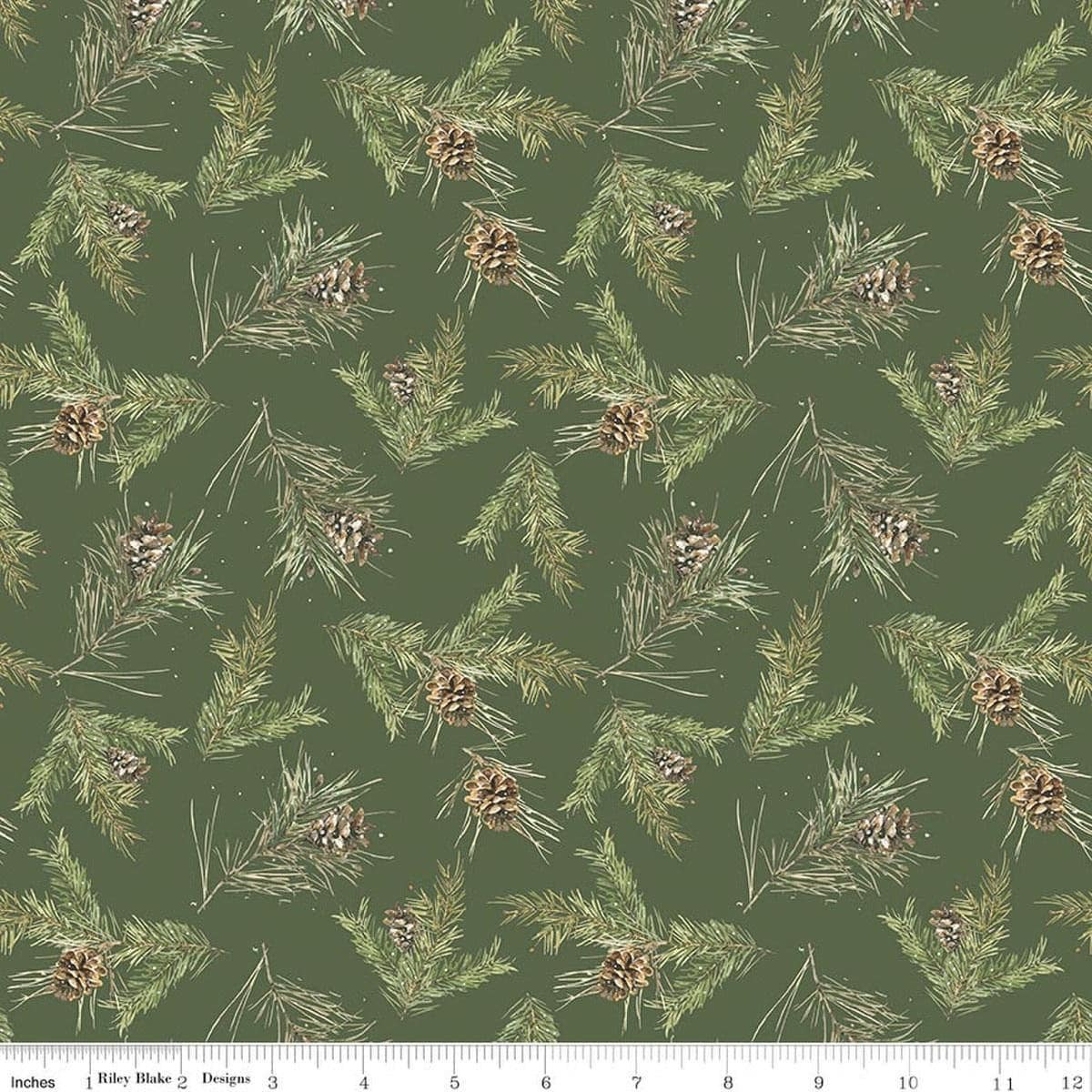 Image of Holiday Spirit Pinecones Green quilting cotton fabric by Lisa Audit for Riley Blake Designs. Features leaves on a green background. Cute Little Fabric Shop.