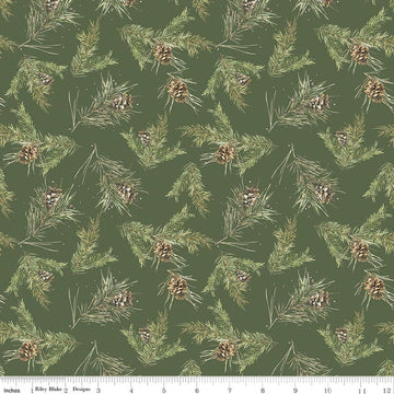 Image of Holiday Spirit Pinecones Green quilting cotton fabric by Lisa Audit for Riley Blake Designs. Features leaves on a green background. Cute Little Fabric Shop.