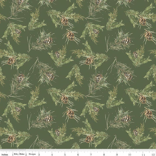 Image of Holiday Spirit Pinecones Green quilting cotton fabric by Lisa Audit for Riley Blake Designs. Features leaves on a green background. Cute Little Fabric Shop.