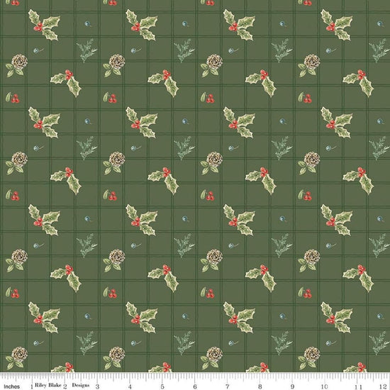 Image of Holiday Spirit Holly Green quilting cotton fabric by Lisa Audit for Riley Blake Designs. Features holly on a green background. Cute Little Fabric Shop.