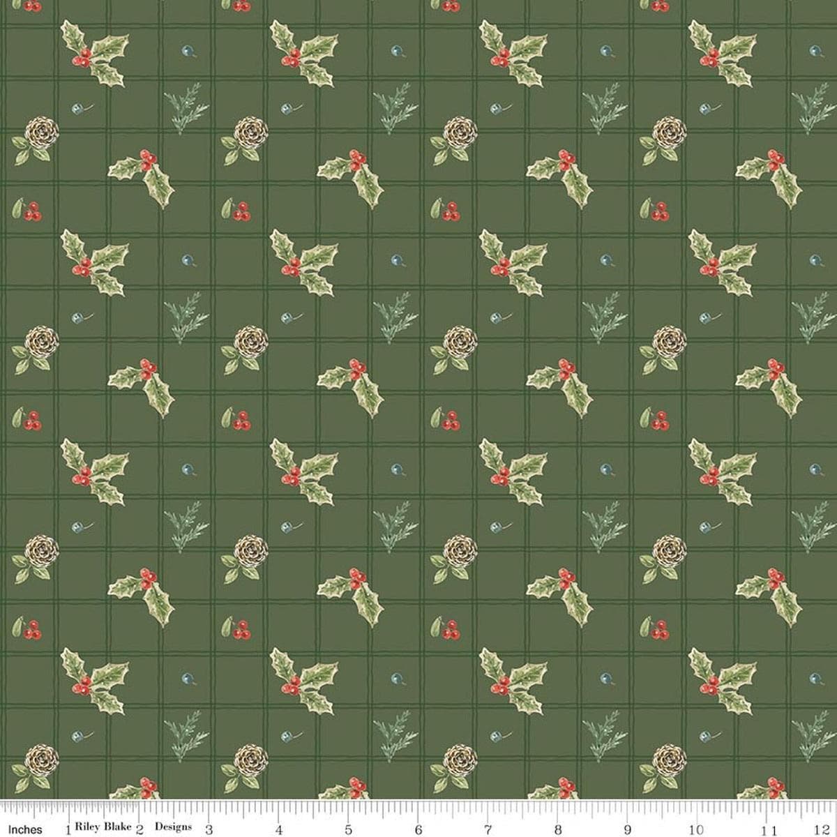 Image of Holiday Spirit Holly Green quilting cotton fabric by Lisa Audit for Riley Blake Designs. Features holly on a green background. Cute Little Fabric Shop.