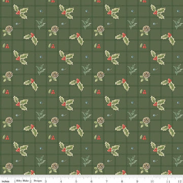 Image of Holiday Spirit Holly Green quilting cotton fabric by Lisa Audit for Riley Blake Designs. Features holly on a green background. Cute Little Fabric Shop.