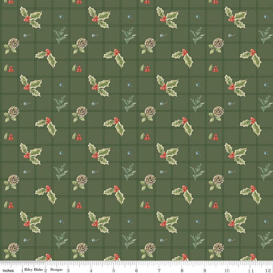 Image of Holiday Spirit Holly Green quilting cotton fabric by Lisa Audit for Riley Blake Designs. Features holly on a green background. Cute Little Fabric Shop.