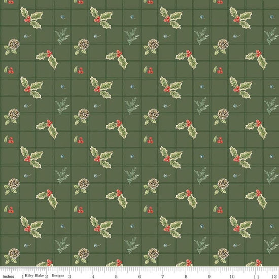 Image of Holiday Spirit Holly Green quilting cotton fabric by Lisa Audit for Riley Blake Designs. Features holly on a green background. Cute Little Fabric Shop.