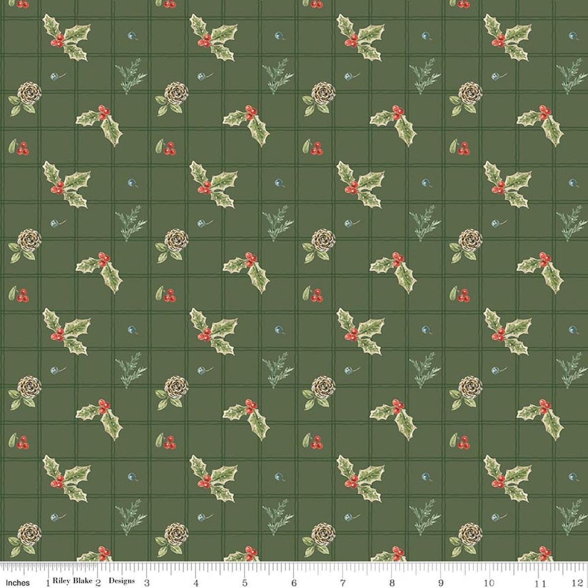 Image of Holiday Spirit Holly Green quilting cotton fabric by Lisa Audit for Riley Blake Designs. Features holly on a green background. Cute Little Fabric Shop.